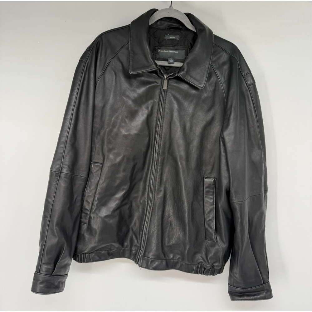 Perry Ellis Portfolio Mens Jacket XL Black Genuine Lambskin Leather Full Zip